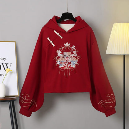 Casual Crane Embroideriy Sweater Hoodie Dragon Pattern