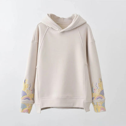 Casual Floral Embroidery Plush Loose Hoodie - Beige