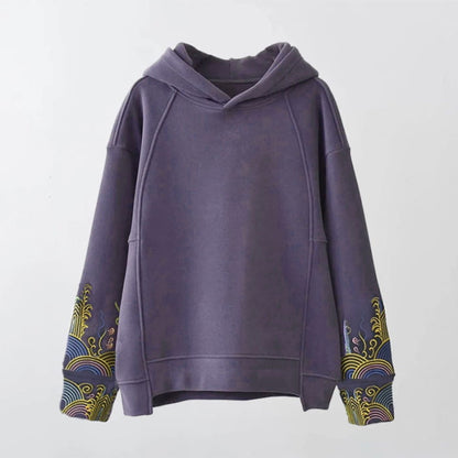 Casual Floral Embroidery Plush Loose Hoodie - Purple