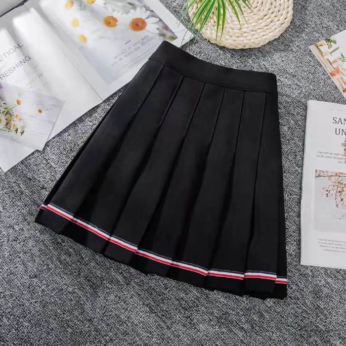 Casual High Waist Pleated Skirt - Black / S