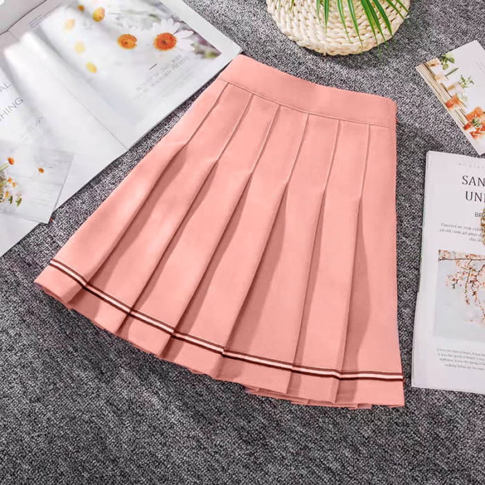 Casual High Waist Pleated Skirt - Pink / S