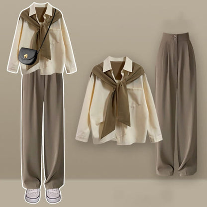 Casual Lapel Pocket Shirt High Waist Pants Set - Khaki