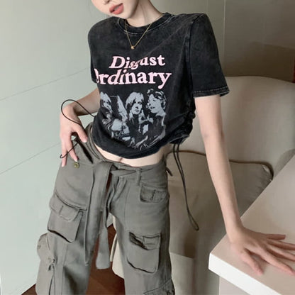 Casual Letter Print Drawstring Crop Top T-Shirt Pocketed