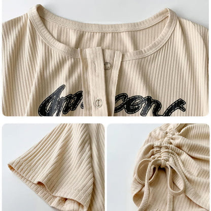 Casual Letter Print Drawstring Crop Top T-Shirt Pocketed