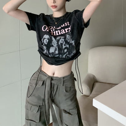 Casual Letter Print Drawstring Crop Top T-Shirt Pocketed