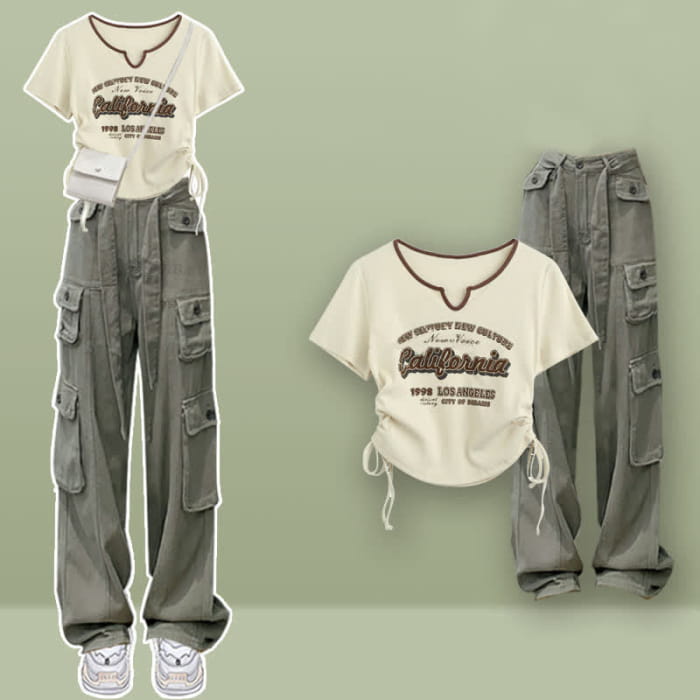 Casual Letter Print Drawstring Crop Top T-Shirt Pocketed