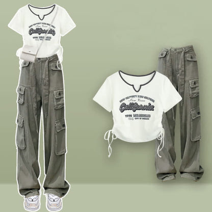 Casual Letter Print Drawstring Crop Top T-Shirt Pocketed