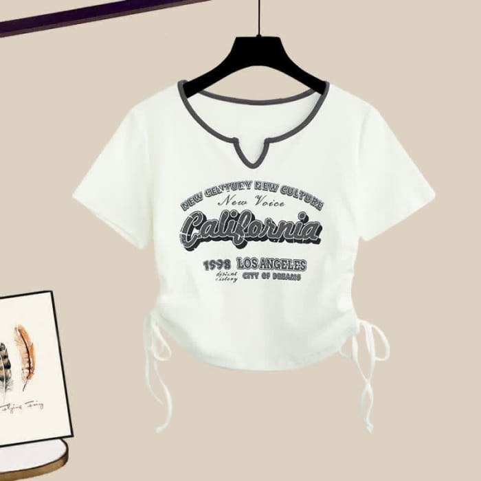 Casual Letter Print Drawstring Crop Top T-Shirt Pocketed