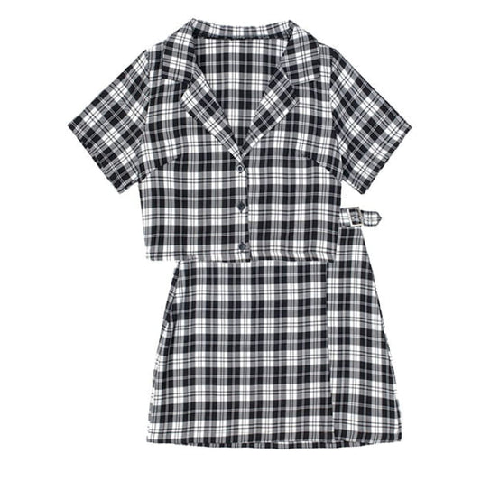 Casual Plaid Top and Skirt Set - Suits