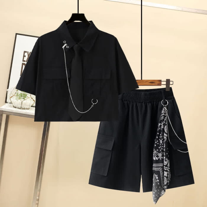 Casual Pocket Lapel Tie T-Shirt Chain Cargo Shorts - Black