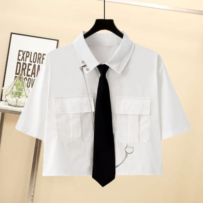Casual Pocket Lapel Tie T-Shirt Chain Cargo Shorts - White