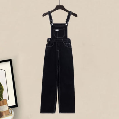 Casual Pocket Lapel Tie T-Shirt Denim Overalls Set - M