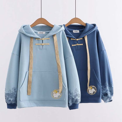 Casual Rabbit Embroidery Wave Print Hoodie