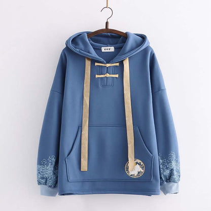 Casual Rabbit Embroidery Wave Print Hoodie - Dark Blue