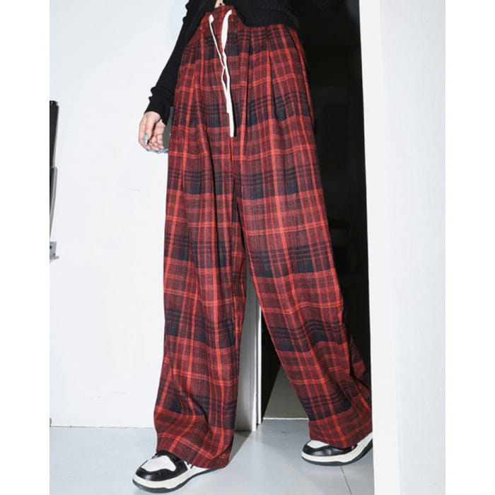 Casual Red Plaid Pants