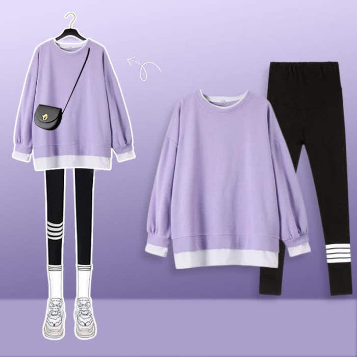 Casual Round Collar Sweatshirt Leggings Set