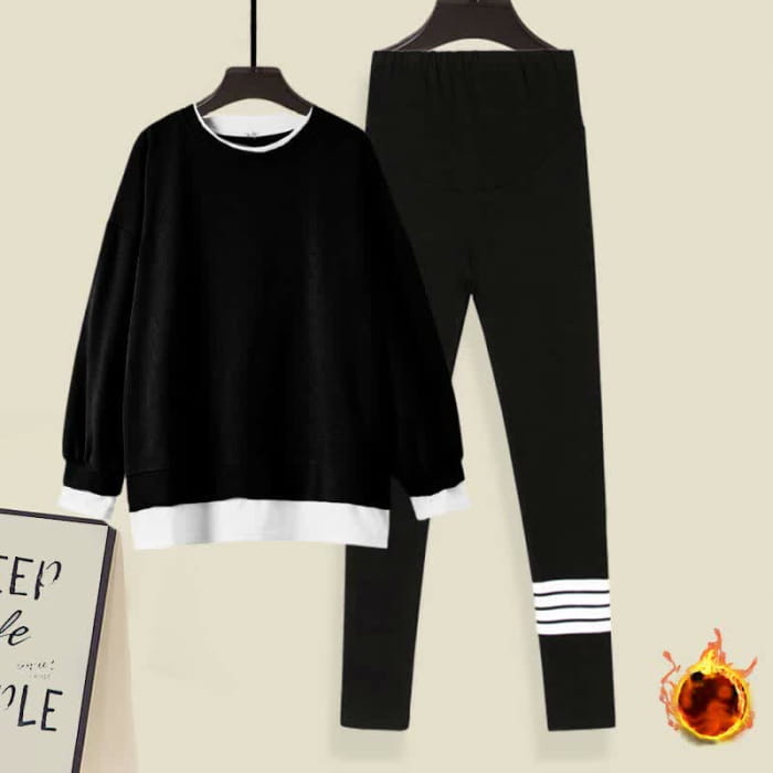 Casual Round Collar Sweatshirt Leggings Set - Black