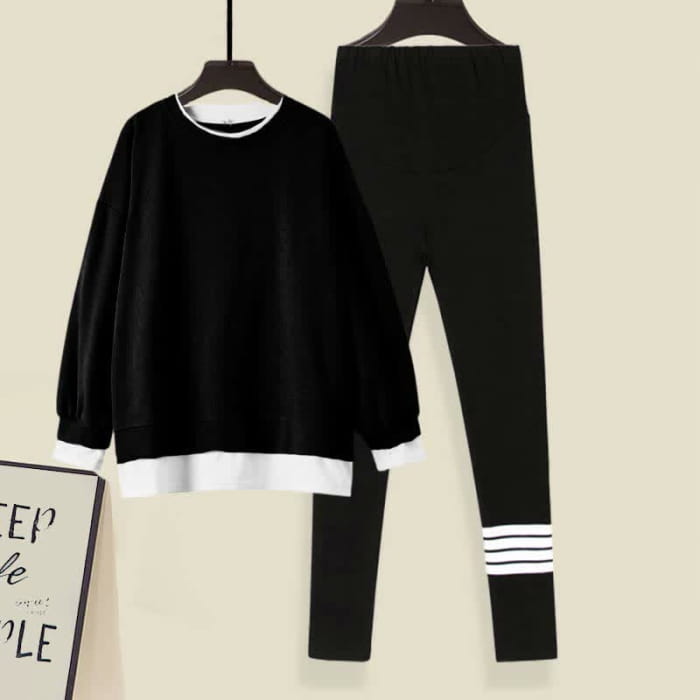 Casual Round Collar Sweatshirt Leggings Set - Black