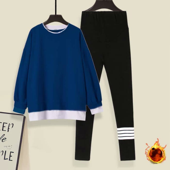 Casual Round Collar Sweatshirt Leggings Set - Blue