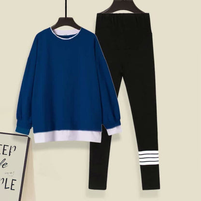 Casual Round Collar Sweatshirt Leggings Set - Blue