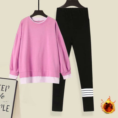 Casual Round Collar Sweatshirt Leggings Set - Pink