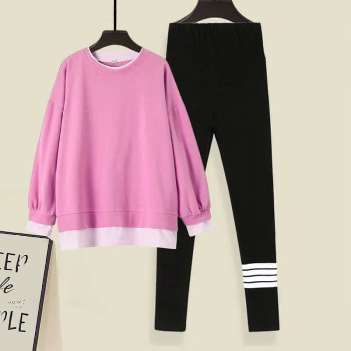 Casual Round Collar Sweatshirt Leggings Set - Pink