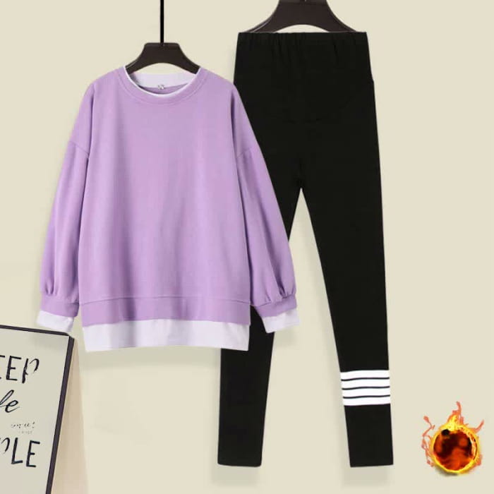 Casual Round Collar Sweatshirt Leggings Set - Purple