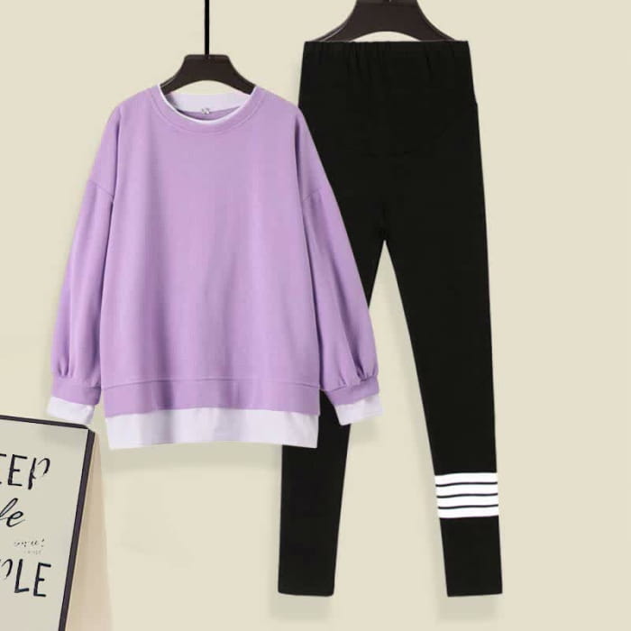 Casual Round Collar Sweatshirt Leggings Set - Purple