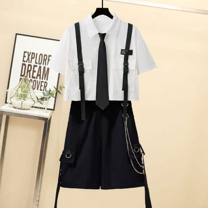 Casual Strap Pocket Tie Lapel T-Shirt Wide Leg Chain Cargo