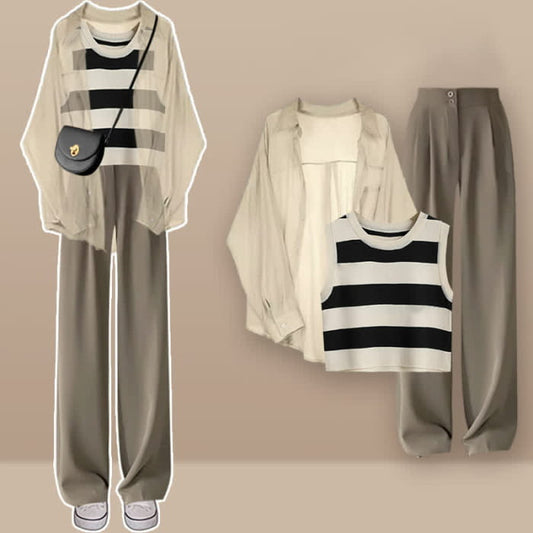 Casual Stripe Top Pants Set