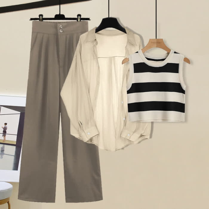 Casual Stripe Top Pants Set - M