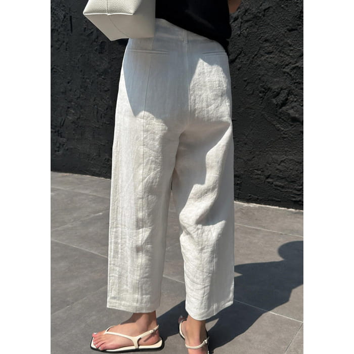 Casual White Patchwork Pockets High Waist Linen Crop Pants