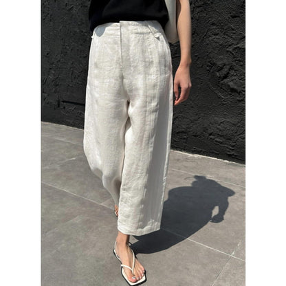 Casual White Patchwork Pockets High Waist Linen Crop Pants