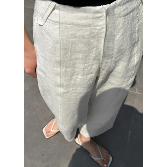 Casual White Patchwork Pockets High Waist Linen Crop Pants