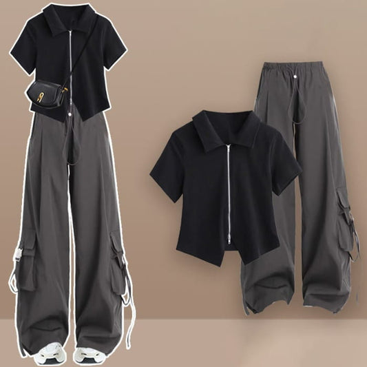Casual Zipper Shirt Cargo Pants - Set / M