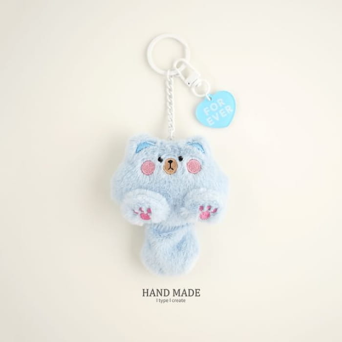 Cat Chenille Key Chain / Bag Charm - Light Blue / One Size