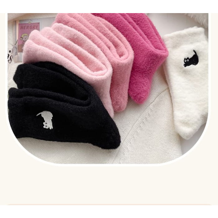 Cat Embroidered Fleece Short Socks / Set