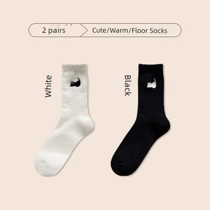 Cat Embroidered Fleece Short Socks / Set - of 2 Pair - 01