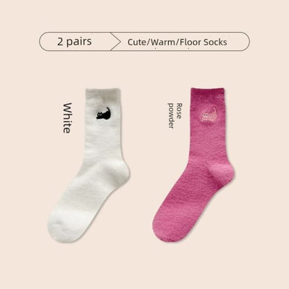 Cat Embroidered Fleece Short Socks / Set - of 2 Pair - 02