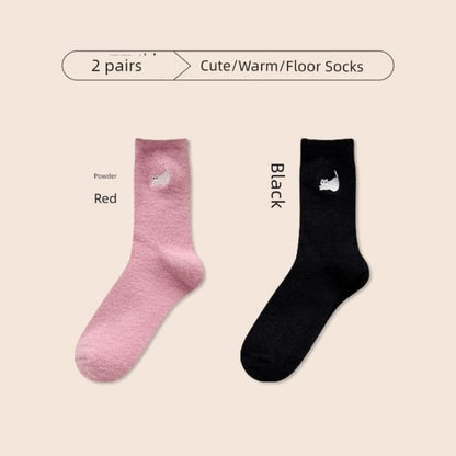 Cat Embroidered Fleece Short Socks / Set - of 2 Pair - 04