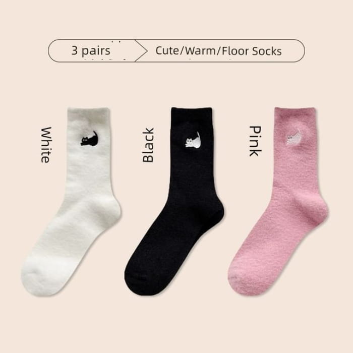 Cat Embroidered Fleece Short Socks / Set - of 2 Pair - 05