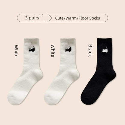 Cat Embroidered Fleece Short Socks / Set - of 2 Pair - 07