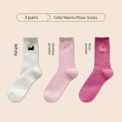 Cat Embroidered Fleece Short Socks / Set - of 3 Pair - 06