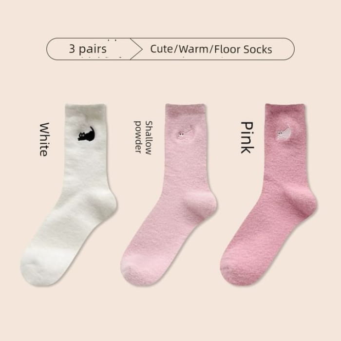 Cat Embroidered Fleece Short Socks / Set - of 3 Pair - 08