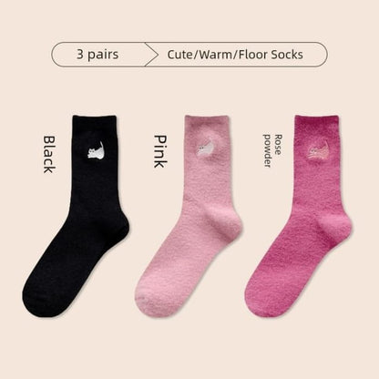 Cat Embroidered Fleece Short Socks / Set - of 3 Pair - 09