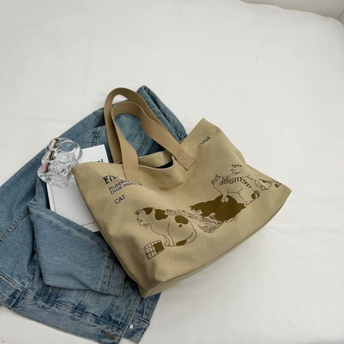 Cat Print Canvas Tote Bag - Khaki / One Size