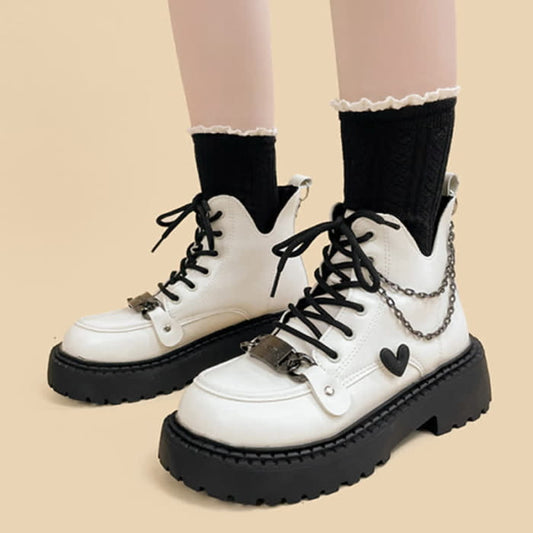 Chain Decor Love Heart Platform Round White Toe Boots - 35