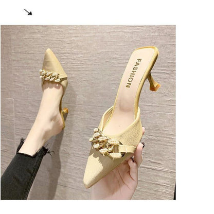 Chain Detail Pointed High Heel Mules