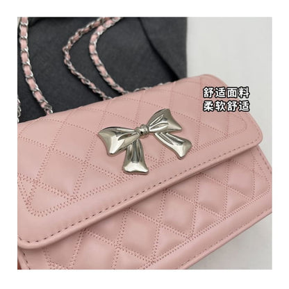 Chain Strap Bow Accent Quilted Faux Leather Flap Crossbody