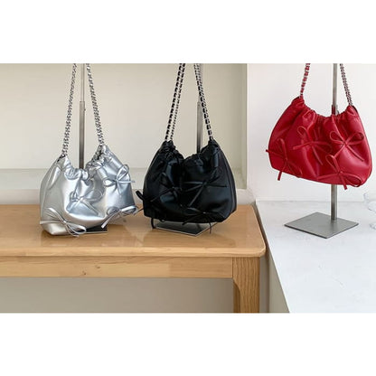 Chain Strap Bow Faux Leather Shoulder Bag